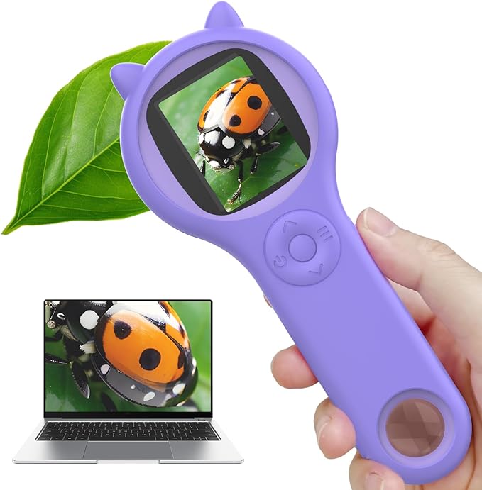 "Child using a mini digital microscope for kids to observe leaf details outdoors"