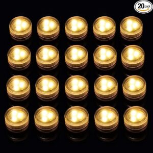 Pack of 20 warm white waterproof LED tea lights used in pond, pumpkins, party décor