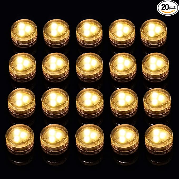 Pack of 20 warm white waterproof LED tea lights used in pond, pumpkins, party décor