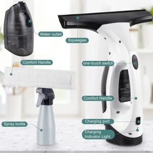 Cordless window vacuum in hand cleaning a glass window Rechargeable window squeegee removing water from shower glass Spray and vacuum system cleaning tiles in bathroom Lightweight handheld vacuum for mirror cleaning Detachable water tank on cordless window cleaning tool