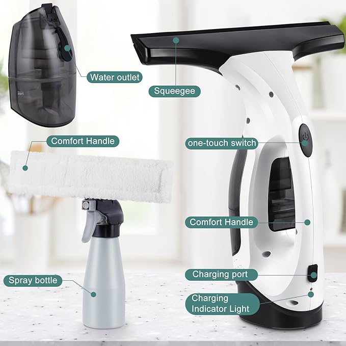 Cordless window vacuum in hand cleaning a glass window Rechargeable window squeegee removing water from shower glass Spray and vacuum system cleaning tiles in bathroom Lightweight handheld vacuum for mirror cleaning Detachable water tank on cordless window cleaning tool