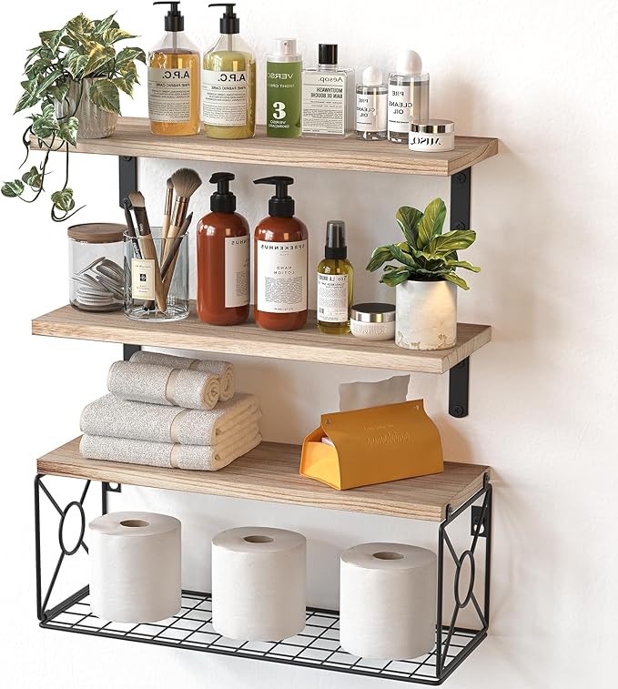 floating bathroom shelves over toilet with wire basket, natural wood finish, wall-mounted for stylish home storage
